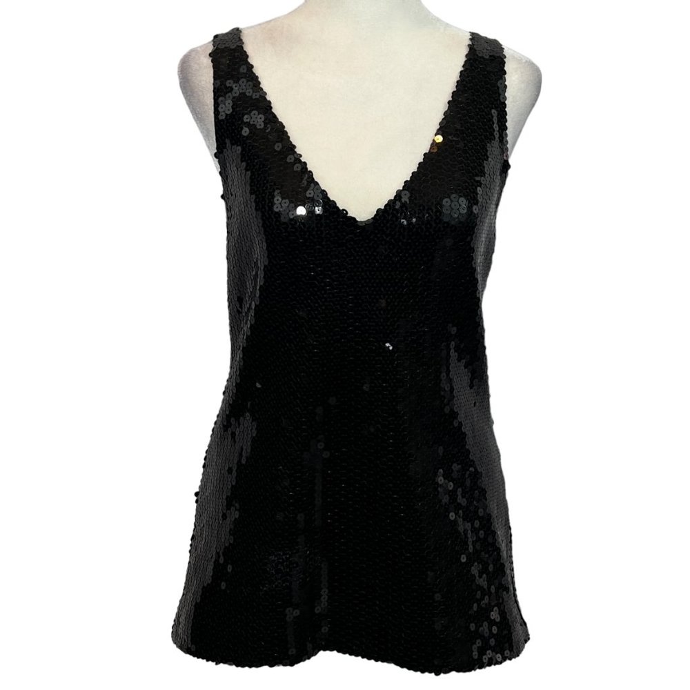 Vintage Ann Taylor by Randy Kemper Black Sequin Sleeveless V-Neck Top Sz…